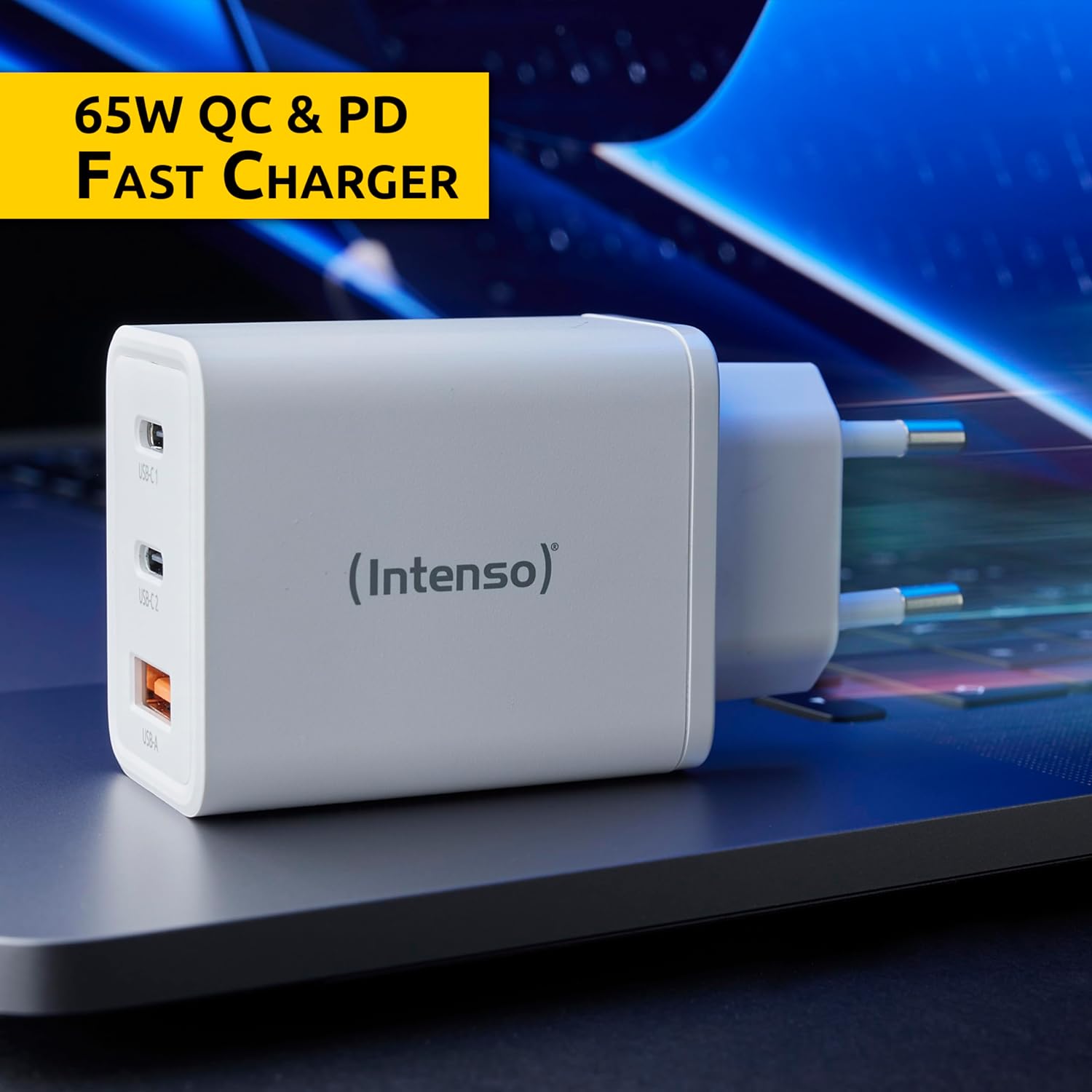 Intenso Power Adapter W65ACC, USB Power Supply with 1 USB-A and 2 USB-C Ports, Energy-Saving GaN Technology and 65 Watt, White