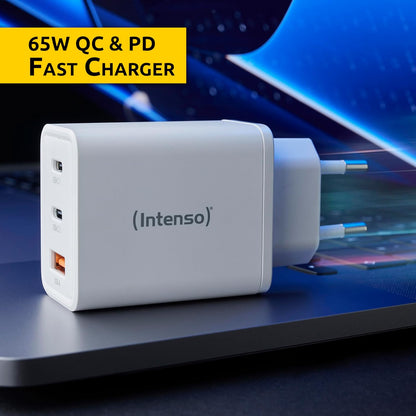 Intenso Power Adapter W65ACC, USB Power Supply with 1 USB-A and 2 USB-C Ports, Energy-Saving GaN Technology and 65 Watt, White