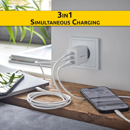Intenso Power Adapter W65ACC, USB Power Supply with 1 USB-A and 2 USB-C Ports, Energy-Saving GaN Technology and 65 Watt, White