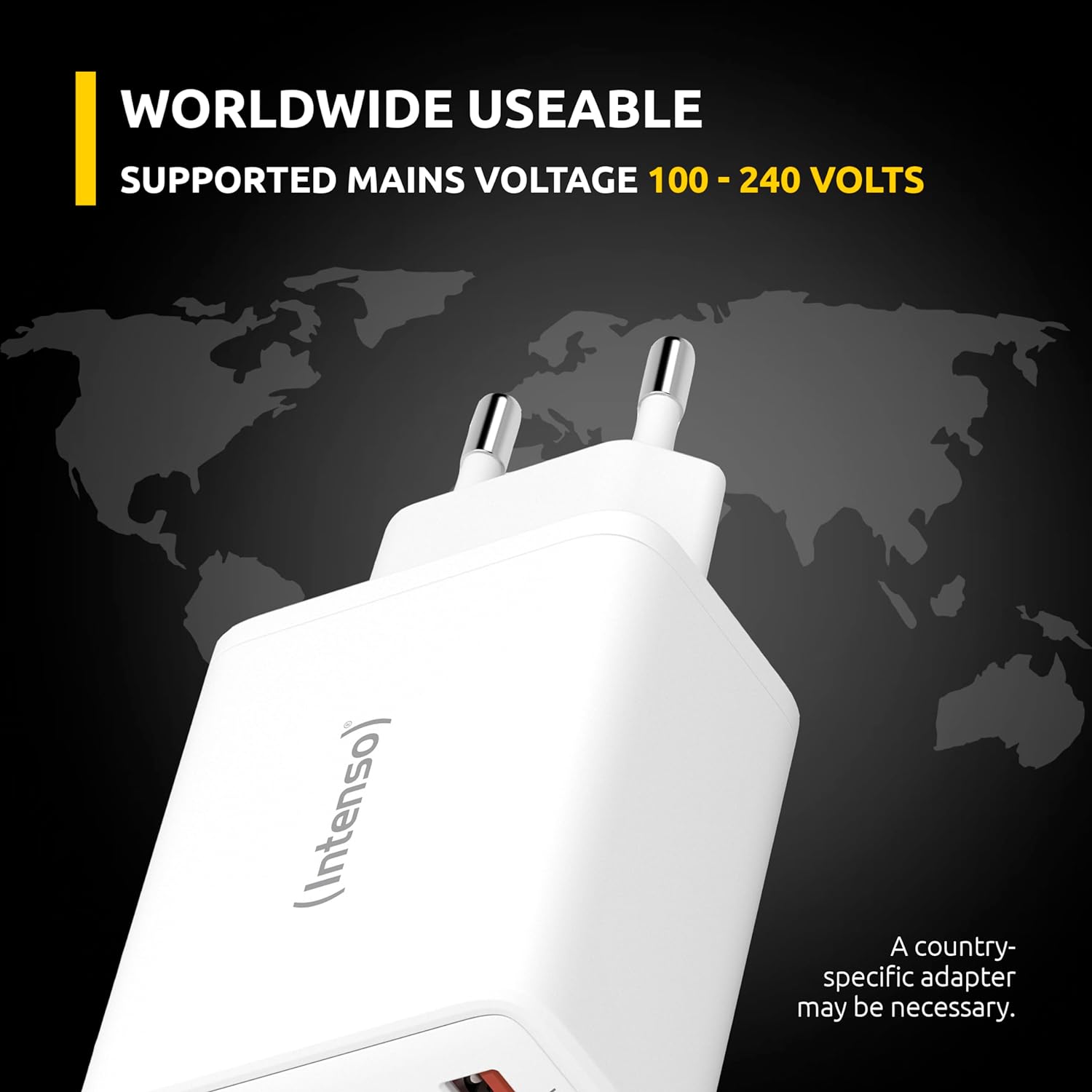 Intenso Power Adapter W65ACC, USB Power Supply with 1 USB-A and 2 USB-C Ports, Energy-Saving GaN Technology and 65 Watt, White