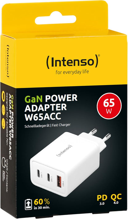 Intenso Power Adapter W65ACC, USB Power Supply with 1 USB-A and 2 USB-C Ports, Energy-Saving GaN Technology and 65 Watt, White