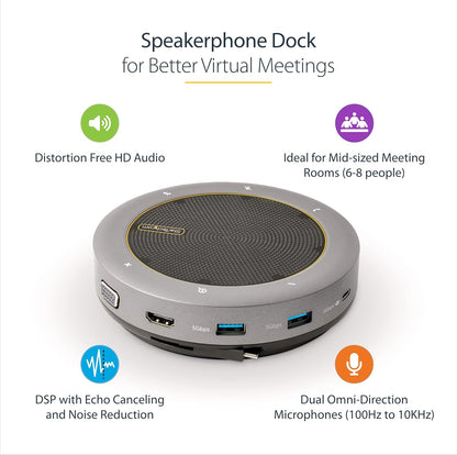 StarTech.com USB-C Speakerphone Docking Station, Mini Portable Conference Speaker and Audio Dock, USB-C to VGA/4K HDMI, 2x USB-A Hub, Mic/Speaker, Teams/Zoom/Softphone Speakerphone (DKTBRSPMPD