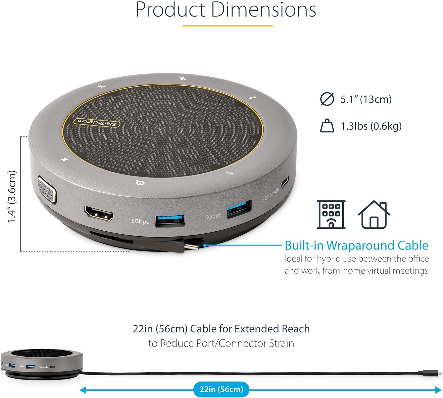 StarTech.com USB-C Speakerphone Docking Station, Mini Portable Conference Speaker and Audio Dock, USB-C to VGA/4K HDMI, 2x USB-A Hub, Mic/Speaker, Teams/Zoom/Softphone Speakerphone (DKTBRSPMPD