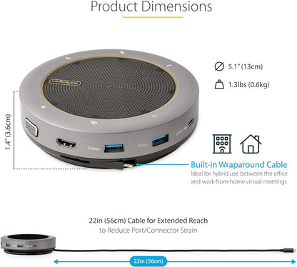 StarTech.com USB-C Speakerphone Docking Station, Mini Portable Conference Speaker and Audio Dock, USB-C to VGA/4K HDMI, 2x USB-A Hub, Mic/Speaker, Teams/Zoom/Softphone Speakerphone (DKTBRSPMPD