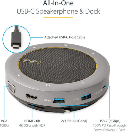 StarTech.com USB-C Speakerphone Docking Station, Mini Portable Conference Speaker and Audio Dock, USB-C to VGA/4K HDMI, 2x USB-A Hub, Mic/Speaker, Teams/Zoom/Softphone Speakerphone (DKTBRSPMPD
