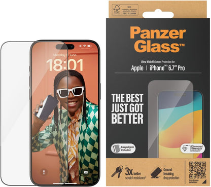 Panzerglass - Screen Protector Iphone 15 Pro Max - Ultra-Wide Fit W. Easyaligner