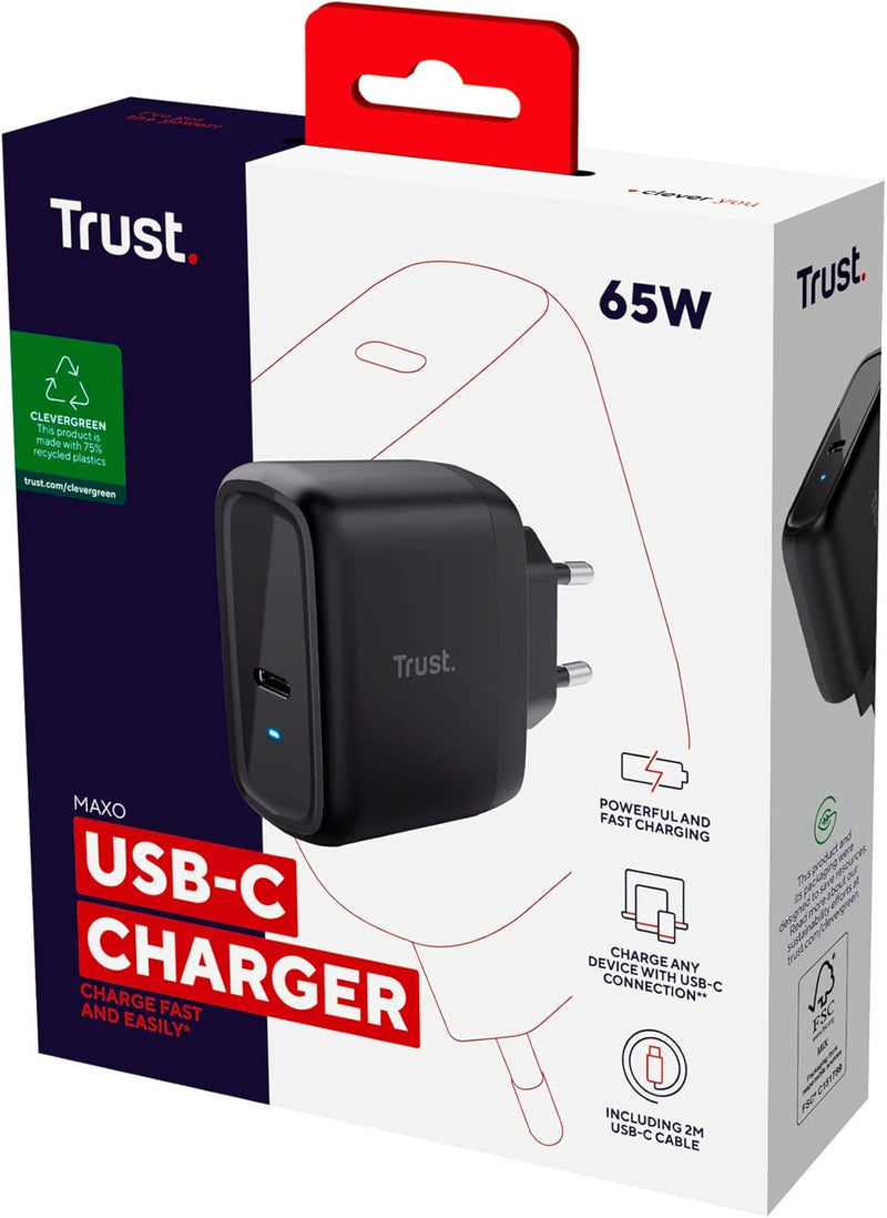 Trust Maxo Caricatore USB-C da 65W, 75% con Materiali Riciclati, Caricatore Rapido con Cavo USB-C da 2m, Adattatore di Alimentazione per iPhone, iPad, Samsung Galaxy, Smartphones, Tablets