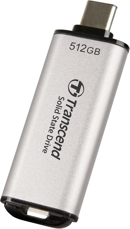 Transcend TS512GESD310S Portable SSD, 512 GB, High Speed, Up to 1050 MB/s, Ultra Small, Lightweight 0.4 oz (11 g), Supports Type-A/Type-C PS4/PS5, Tested to Work with USB 10Gbps, Silver