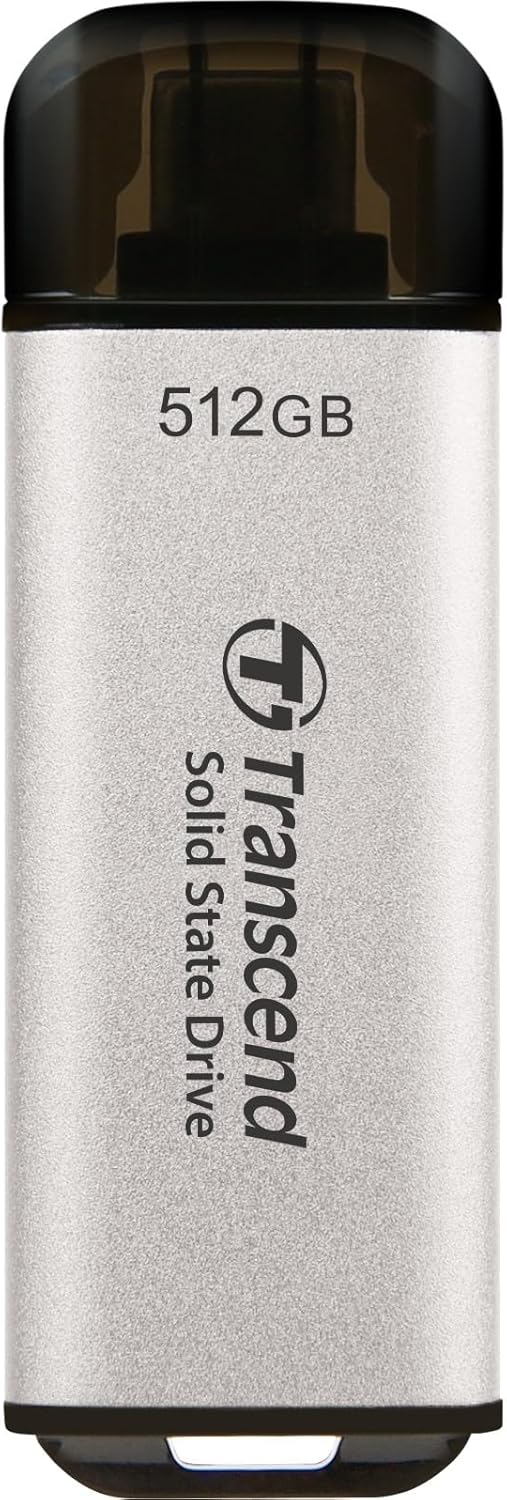 Transcend TS512GESD310S Portable SSD, 512 GB, High Speed, Up to 1050 MB/s, Ultra Small, Lightweight 0.4 oz (11 g), Supports Type-A/Type-C PS4/PS5, Tested to Work with USB 10Gbps, Silver