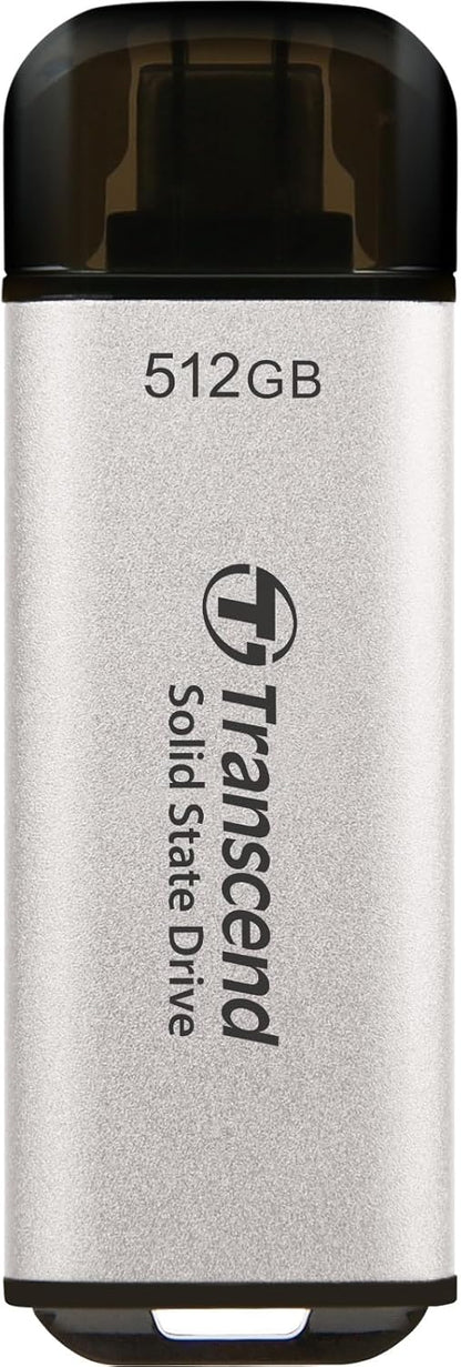 Transcend TS512GESD310S Portable SSD, 512 GB, High Speed, Up to 1050 MB/s, Ultra Small, Lightweight 0.4 oz (11 g), Supports Type-A/Type-C PS4/PS5, Tested to Work with USB 10Gbps, Silver