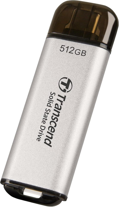 Transcend TS512GESD310S Portable SSD, 512 GB, High Speed, Up to 1050 MB/s, Ultra Small, Lightweight 0.4 oz (11 g), Supports Type-A/Type-C PS4/PS5, Tested to Work with USB 10Gbps, Silver