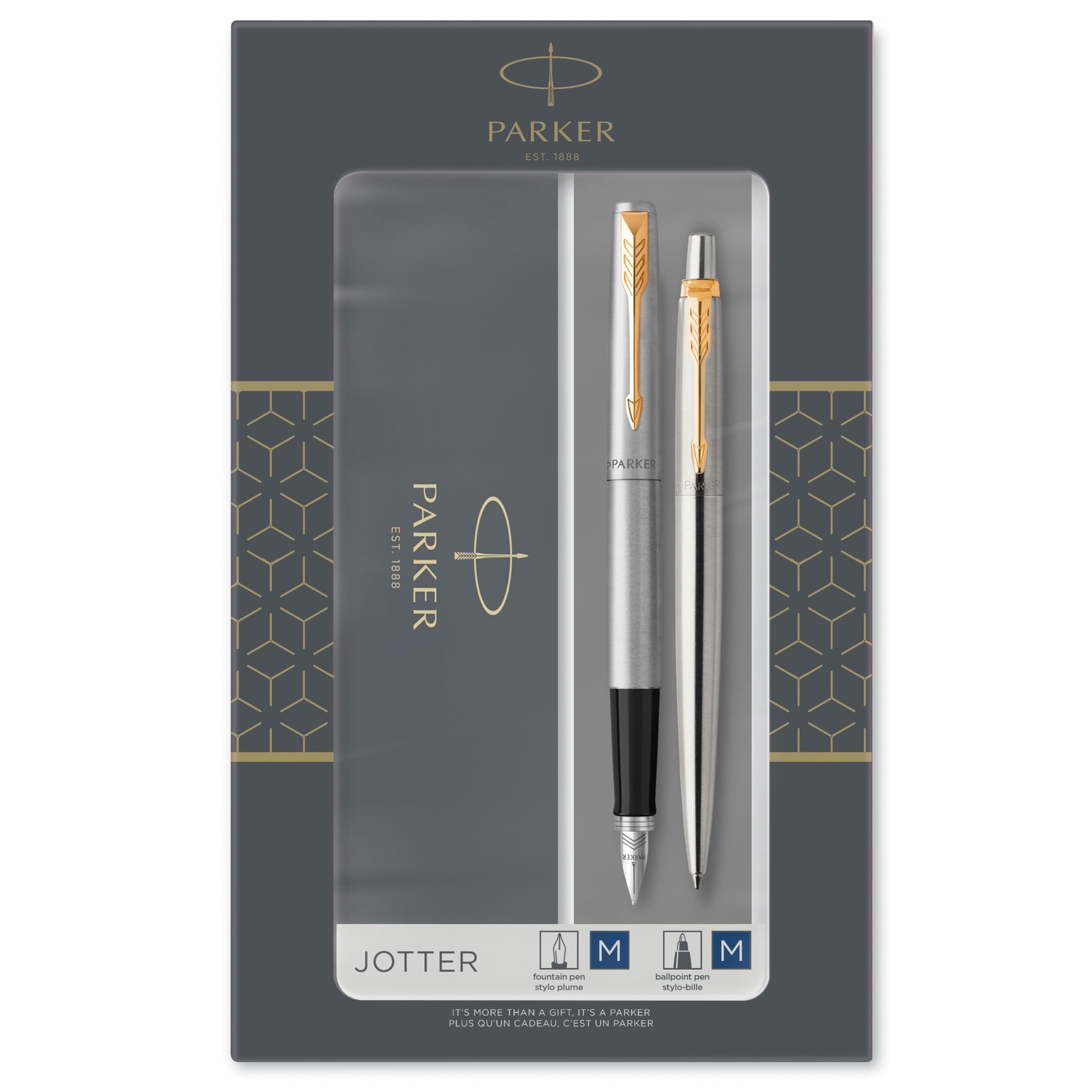Parker Jotter Duo Gift Set with Ballpoint Pen & Fountain Pen, Stainless Steel with Gold Trim, Blue Ink Refill & Cartridges, Gift Box