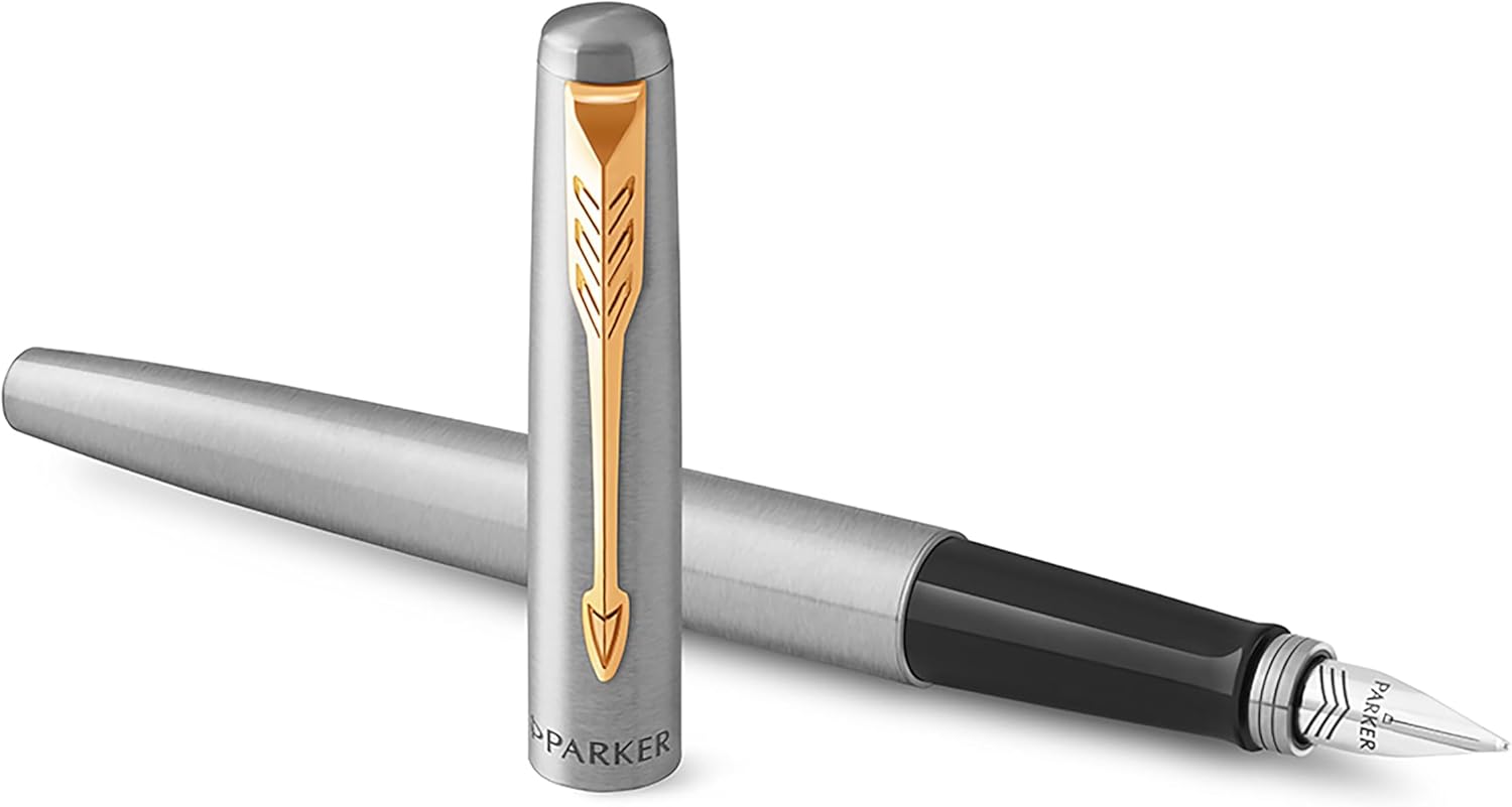 Parker Jotter Duo Gift Set with Ballpoint Pen & Fountain Pen, Stainless Steel with Gold Trim, Blue Ink Refill & Cartridges, Gift Box