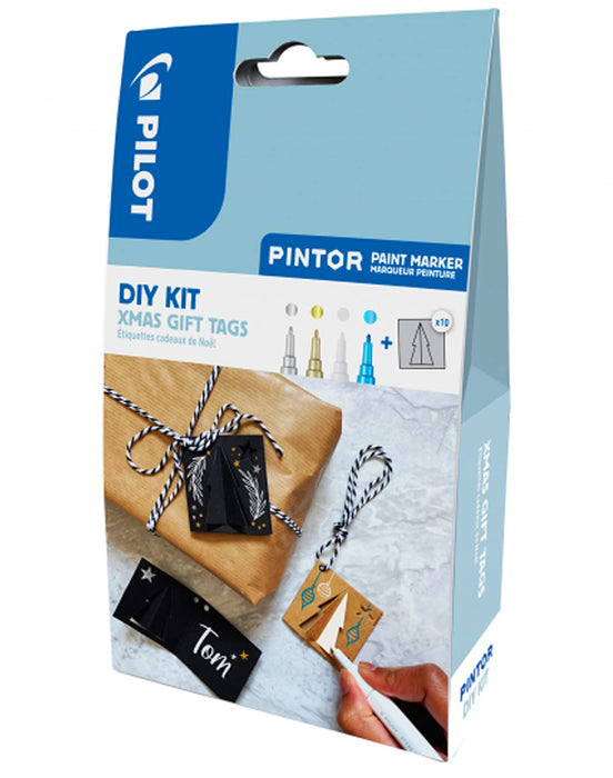 PILOT PINTOR DIY-Set Geschenkanhänger für Weihnachten – Bastel-Set mit 4x Kreativmarker und 10 individuell gestaltbaren Pappanhängern zum Falten, weihnachtliche Tannenbaum-Designs