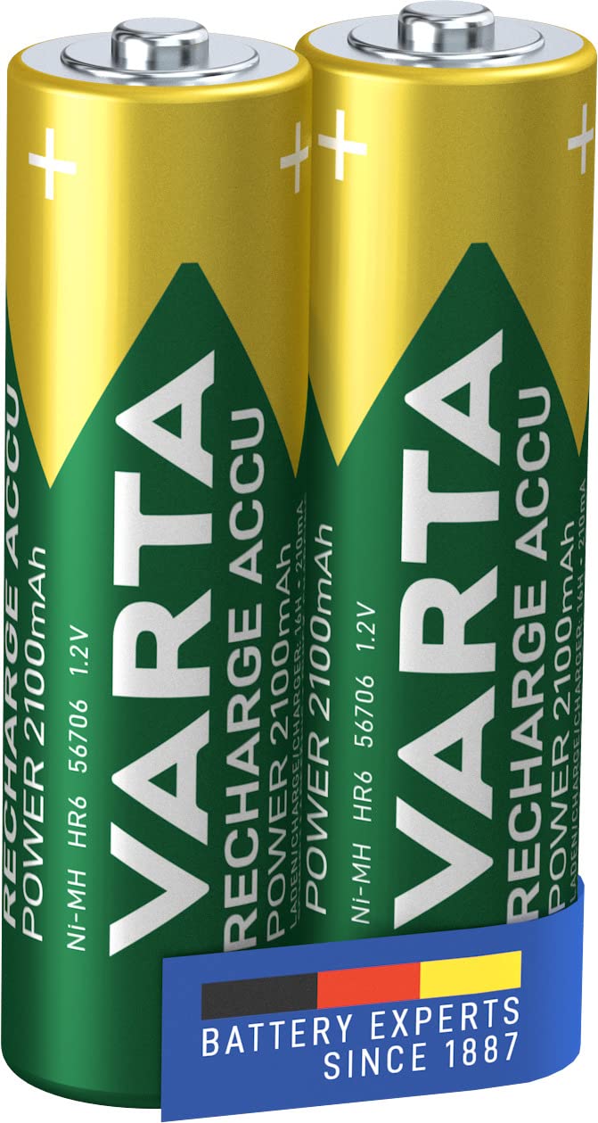 VARTA 1213 Recharge Accu Power, Ready-To-use pre-charged AA Mignon NiMH rechargeable battery (2-pack, 2100 mAh) - without memory effect AA, 2100 mAh Single 2 Count (Pack of 1