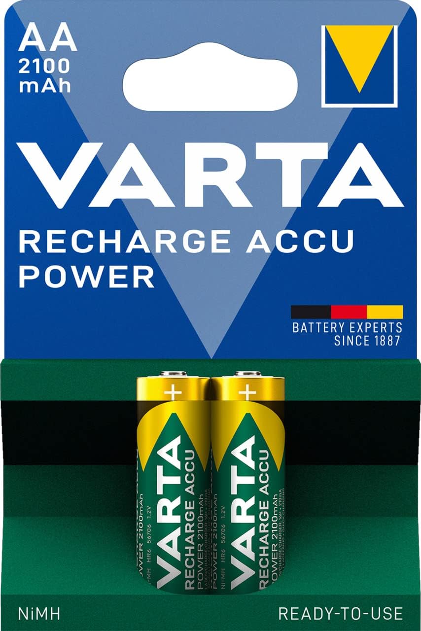 VARTA 1213 Recharge Accu Power, Ready-To-use pre-charged AA Mignon NiMH rechargeable battery (2-pack, 2100 mAh) - without memory effect AA, 2100 mAh Single 2 Count (Pack of 1