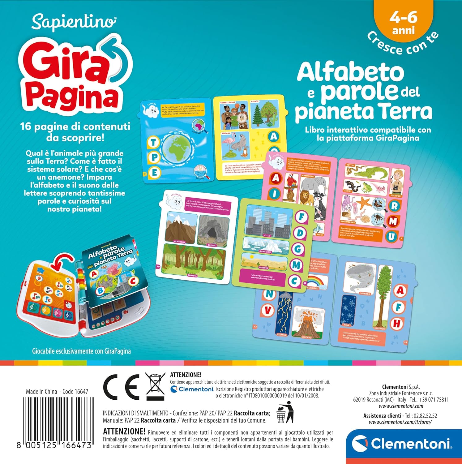 Clementoni - 16647 - Sapientino - Girapagina, The Alphabet of Planet Earth - Educational and Interactive Book to Stimulate Interest in Reading, for Children from 4 Years (Italian Game