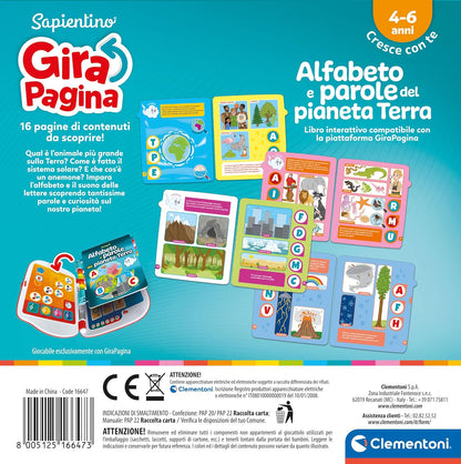 Clementoni - 16647 - Sapientino - Girapagina, The Alphabet of Planet Earth - Educational and Interactive Book to Stimulate Interest in Reading, for Children from 4 Years (Italian Game