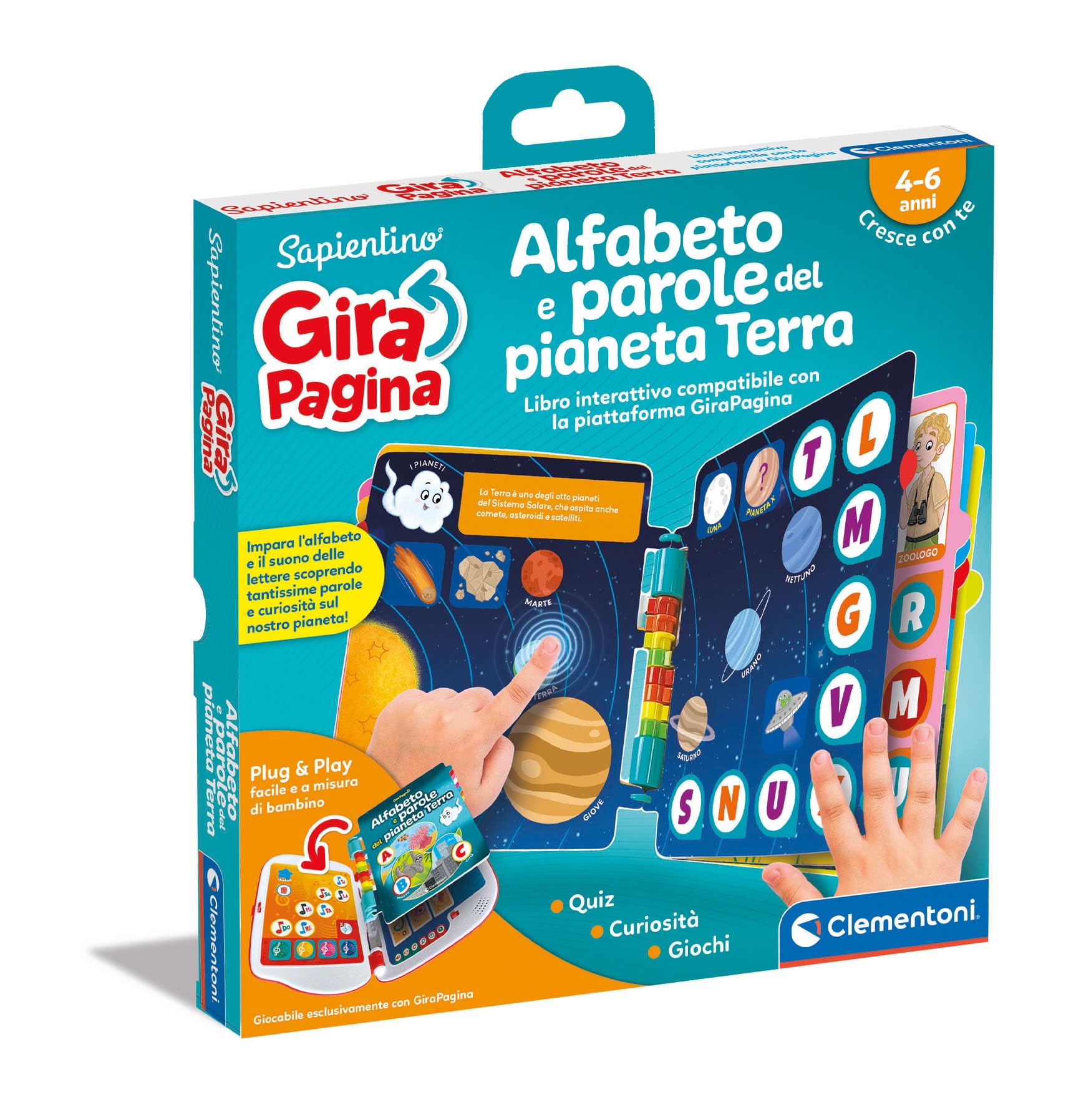 Clementoni - 16647 - Sapientino - Girapagina, The Alphabet of Planet Earth - Educational and Interactive Book to Stimulate Interest in Reading, for Children from 4 Years (Italian Game