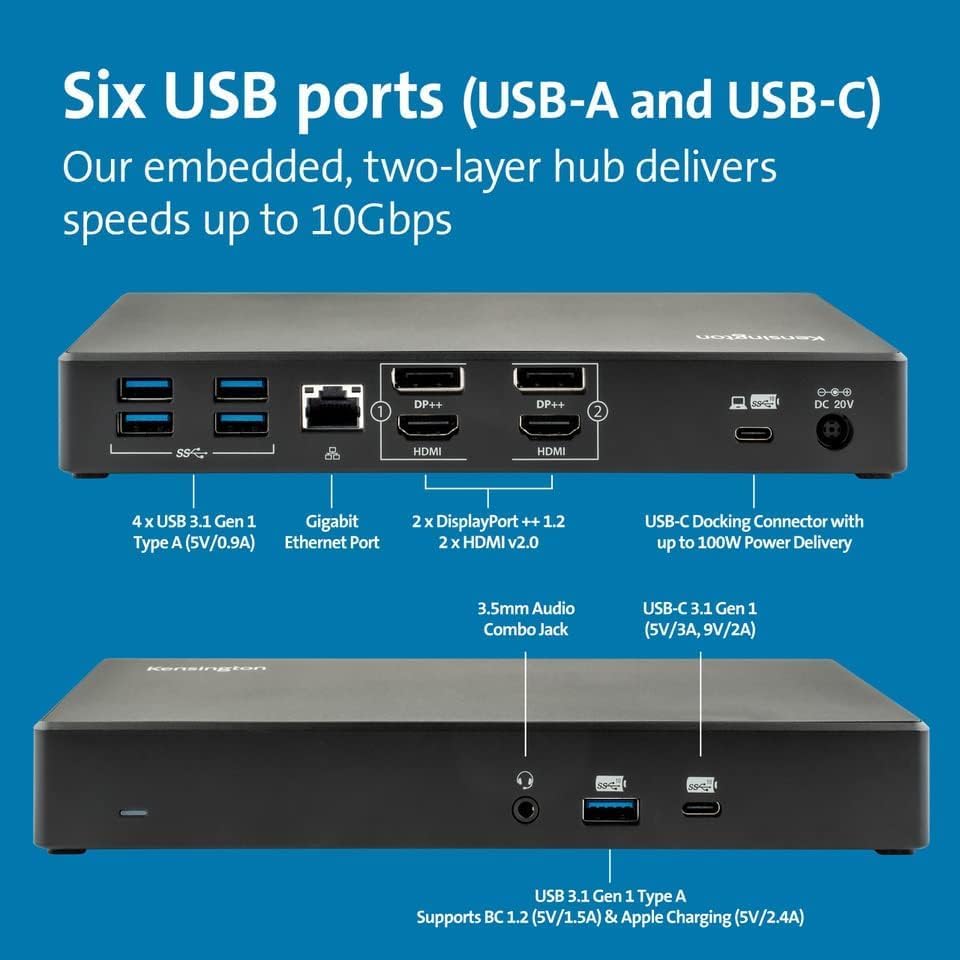 Kensington SD4781P Dual USB-C & USB-A 4K Dockingstation, bis zu 100W Leistung, 6X USB Ports & 2X HDMI 2.0, hergestellt aus 73% recyceltem Material, kompatibel mit Windows, macOS & ChromeOS (K33603EU