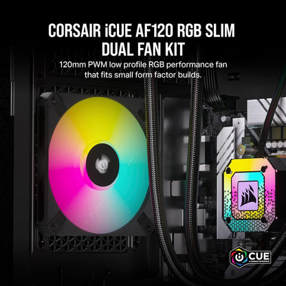 Corsair AF120 RGB SLIM, 120mm PWM Fluid Dynamic Bearing Fan Kit - Thin Profile for Small-Form Cases - Low-Noise - Up to 2000 RPM - 8 Addressable RGB LEDs - Dual Pack with Lighting Node CORE - Black AF RGB SLIM Dual (120mm) Black
