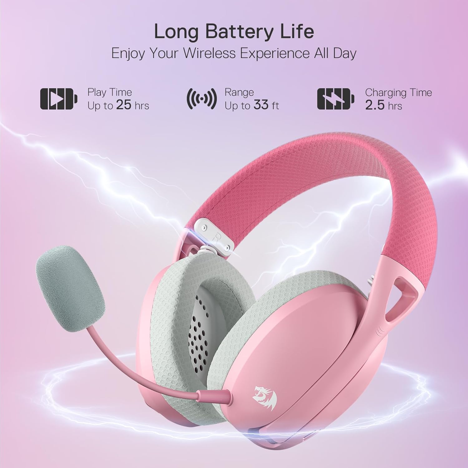 Redragon H848 Bluetooth Wireless Gaming Headset - Lightweight - 7.1 Surround Sound - 40MM Drivers - Detachable Microphone - Multi Platforms for PC, PS5/4/3, Switch, Mobile, Pink
