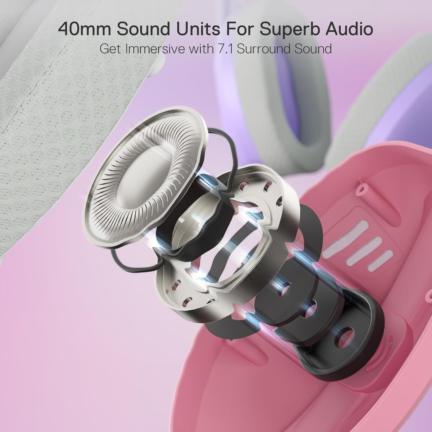 Redragon H848 Bluetooth Wireless Gaming Headset - Lightweight - 7.1 Surround Sound - 40MM Drivers - Detachable Microphone - Multi Platforms for PC, PS5/4/3, Switch, Mobile, Pink