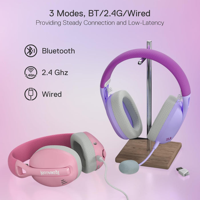 Redragon H848 Bluetooth Wireless Gaming Headset - Lightweight - 7.1 Surround Sound - 40MM Drivers - Detachable Microphone - Multi Platforms for PC, PS5/4/3, Switch, Mobile, Pink