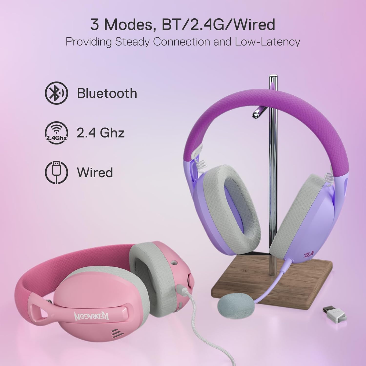 Redragon H848 Bluetooth Wireless Gaming Headset - Lightweight - 7.1 Surround Sound - 40MM Drivers - Detachable Microphone - Multi Platforms for PC, PS5/4/3, Switch, Mobile, Purple