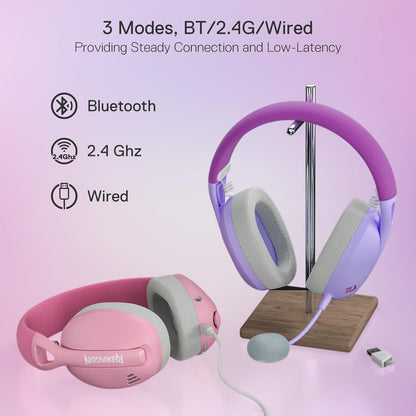 Redragon H848 Bluetooth Wireless Gaming Headset - Lightweight - 7.1 Surround Sound - 40MM Drivers - Detachable Microphone - Multi Platforms for PC, PS5/4/3, Switch, Mobile, Purple