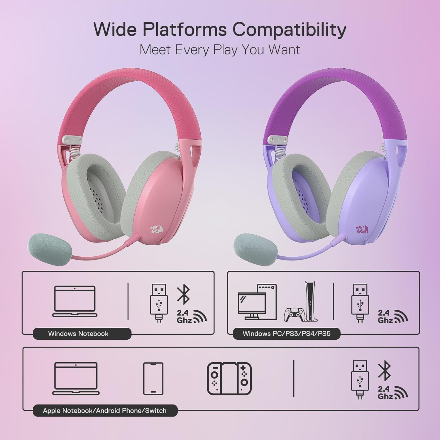 Redragon H848 Bluetooth Wireless Gaming Headset - Lightweight - 7.1 Surround Sound - 40MM Drivers - Detachable Microphone - Multi Platforms for PC, PS5/4/3, Switch, Mobile, Purple