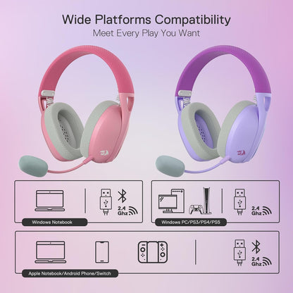 Redragon H848 Bluetooth Wireless Gaming Headset - Lightweight - 7.1 Surround Sound - 40MM Drivers - Detachable Microphone - Multi Platforms for PC, PS5/4/3, Switch, Mobile, Purple