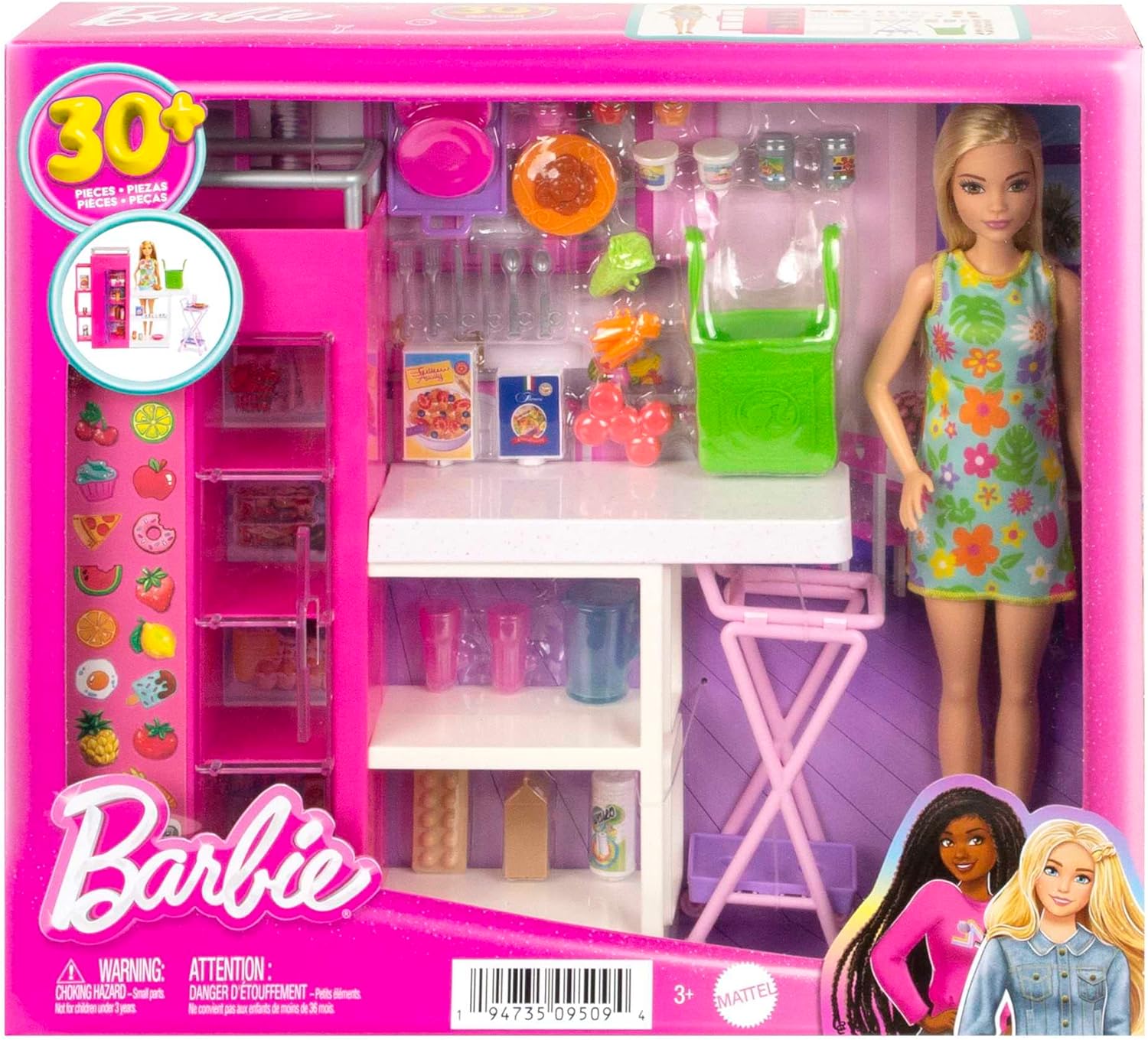 Barbie Vorratskammer Spielset Puppe mit über 25 Teilen und Küchenaccessoires - Perfekt für Junge Gourmets und Geschenk für Kinder ab 3 Jahren, HJV38