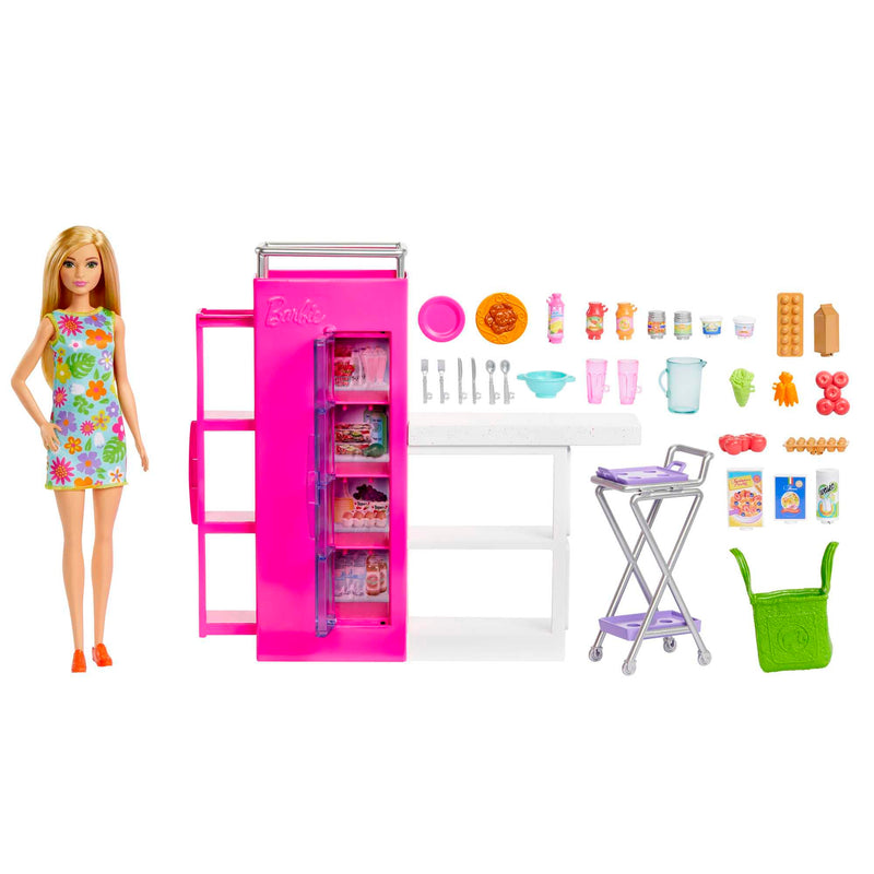 Barbie Vorratskammer Spielset Puppe mit über 25 Teilen und Küchenaccessoires - Perfekt für Junge Gourmets und Geschenk für Kinder ab 3 Jahren, HJV38