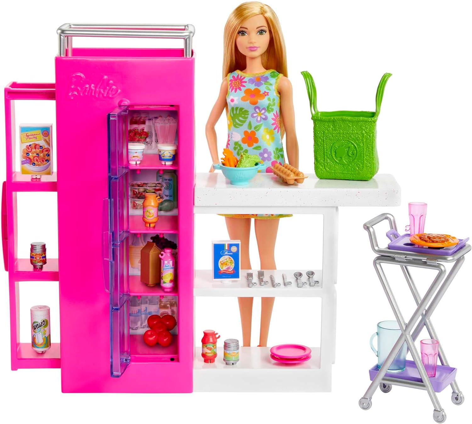 Barbie Vorratskammer Spielset Puppe mit über 25 Teilen und Küchenaccessoires - Perfekt für Junge Gourmets und Geschenk für Kinder ab 3 Jahren, HJV38