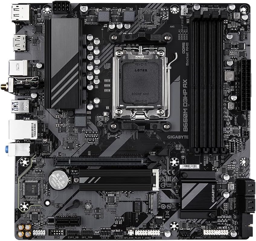 Gigabyte B650M D3HP AX Motherboard - Supports AMD AM5 CPUs, 5+2+2 Phases Digital VRM, up to 7600MHz DDR5 (OC), 2xPCIe 4.0 M.2, Wi-Fi 6E, 2.5GbE LAN, USB 3.2 Gen 1