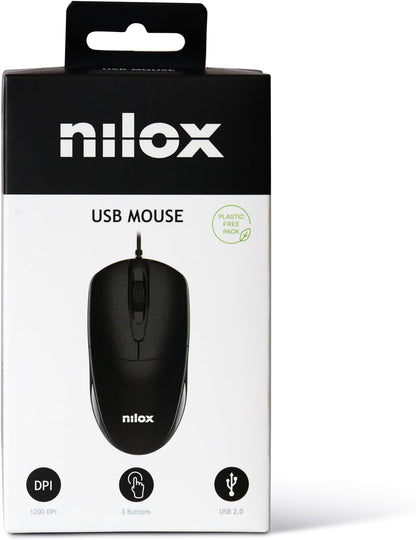 Nilox MOUSB1011 Mouse USB con Sensore Ottico Alta Precisione 1200 DPI e 3 Pulsanti, Cavo 1,6 metri, Compatibile con Windows/Linux/Mac