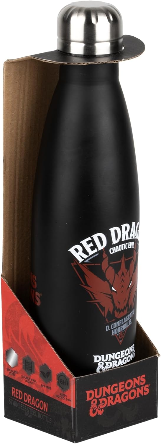 Konix Dungeons & Dragons Thermosflasche - Edelstahl - 500 ml - Rotes Drachenmotiv - Schwarz Logo Silver