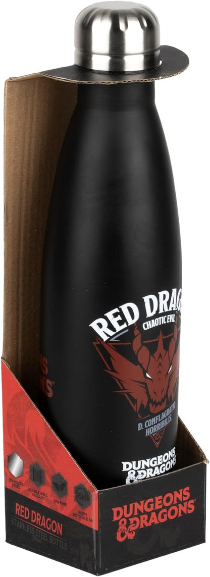 Konix Dungeons & Dragons Thermosflasche - Edelstahl - 500 ml - Rotes Drachenmotiv - Schwarz Logo Silver