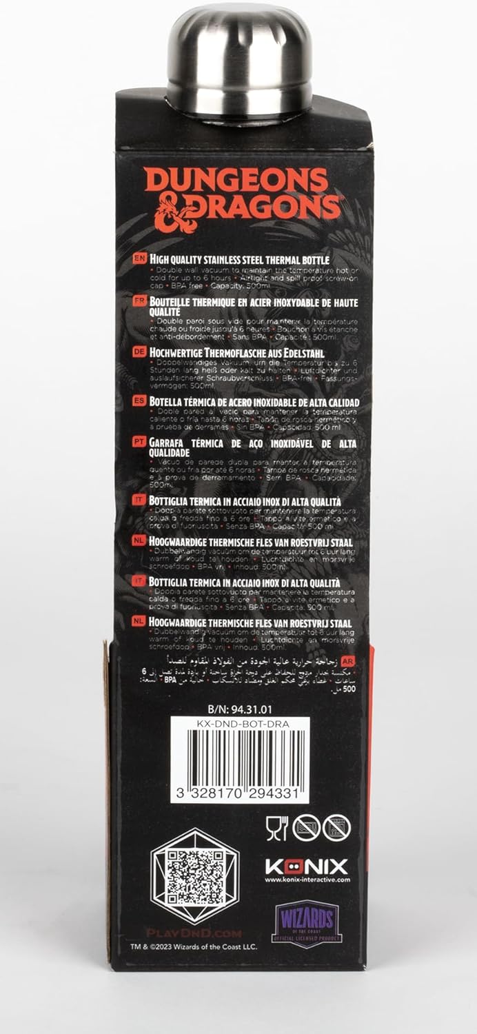 Konix Dungeons & Dragons Thermosflasche - Edelstahl - 500 ml - Rotes Drachenmotiv - Schwarz Logo Silver