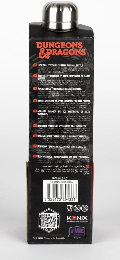 Konix Dungeons & Dragons Thermosflasche - Edelstahl - 500 ml - Rotes Drachenmotiv - Schwarz Logo Silver