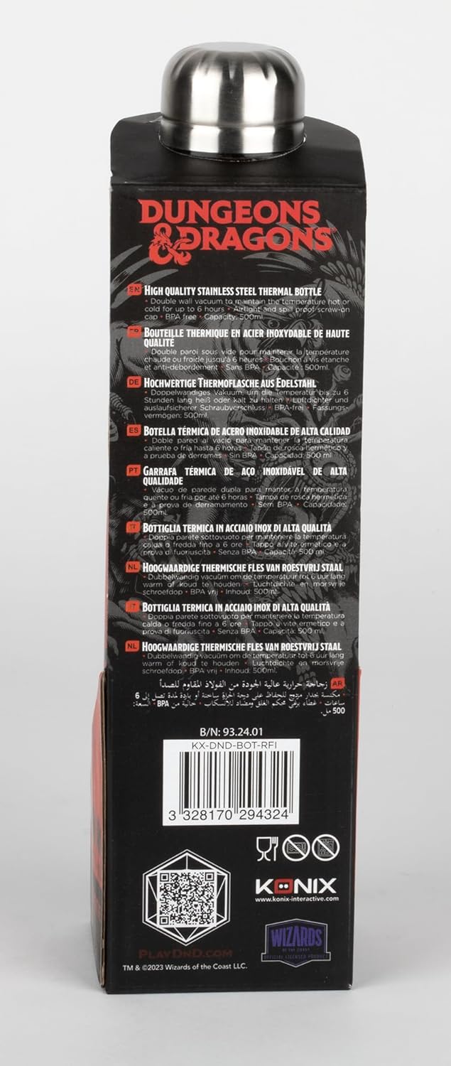 Konix Dungeons & Dragons Thermosflasche - Edelstahl - 500 ml - Motiv 'Roll for Initiative' - Rot Dragon rouge