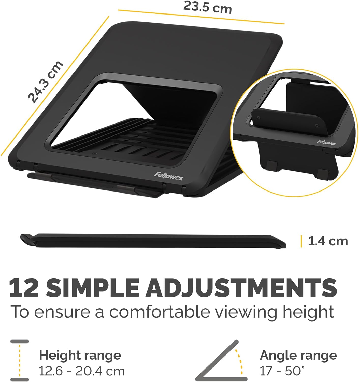 Fellowes Laptop-Ständer für den Schreibtisch - Breyta™ Verstellbarer, 100% recycelbarer Laptop-Ständer für zu Hause und Büro - 12 Höheneinstellungen - max. Monitorgröße 14", max. Gewicht 4KG