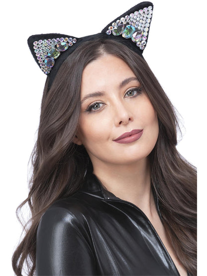 Smiffys Jewelled Black Cat Ear Headband