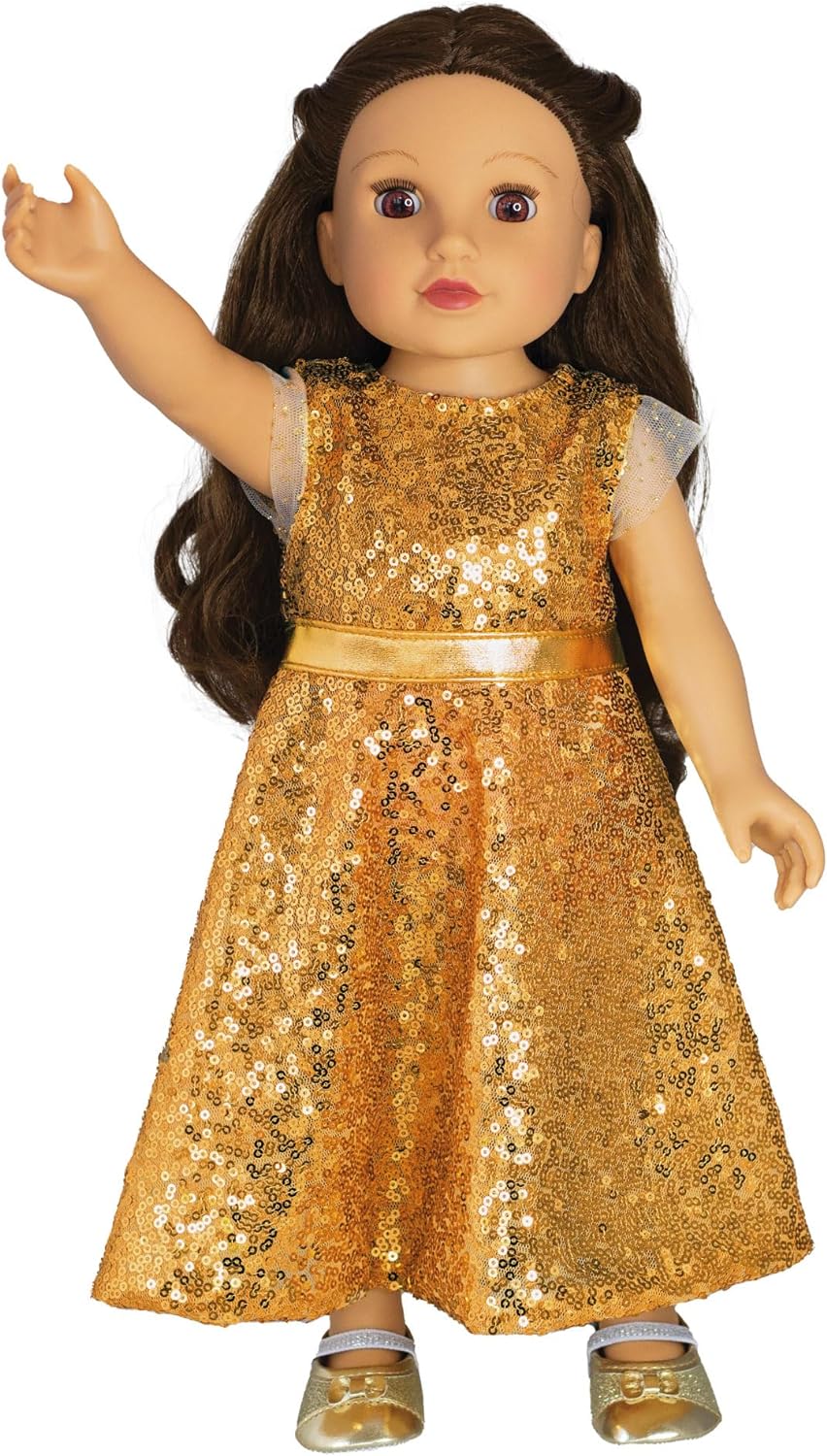 Heless 2330 - Doll Clothes in Goldstar Design, Dress with Golden Sequins and Belt for Dolls and Cuddly Toys Size 35 - 45 cm