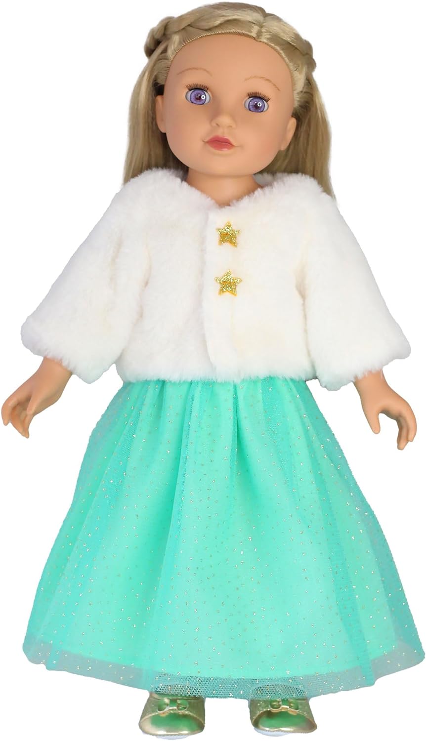 Heless 2370 - Poppenkleding in Design Yuki, 2-Delige Set in Wit en Turquoise, met Jasje en Glitter Tule Rok voor poppen en knuffels van de maat 35-45 cm