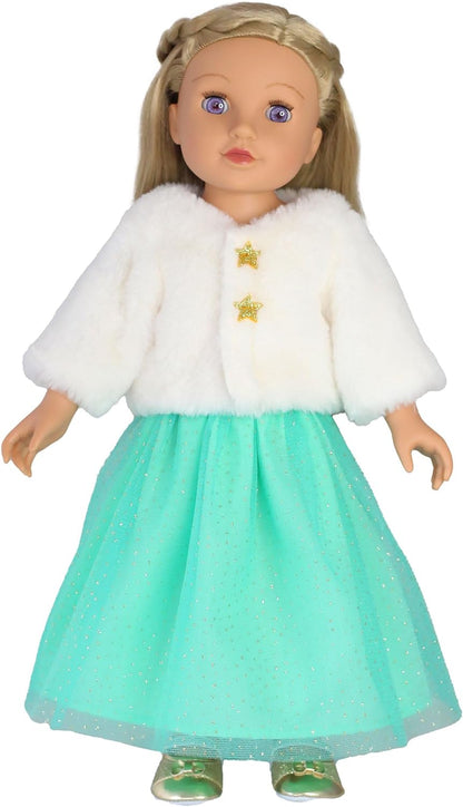 Heless 2370 - Poppenkleding in Design Yuki, 2-Delige Set in Wit en Turquoise, met Jasje en Glitter Tule Rok voor poppen en knuffels van de maat 35-45 cm