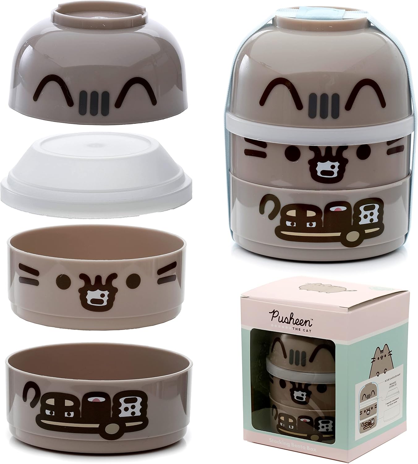 Puckator Pusheen The Cat Stacked Round Bento - Lunch Box for Adults and Kids with Compartments - Snack Box - Food Containers with Lids - Stackable Snack Pots for Kids - Meal Prep Container - Lunchbox