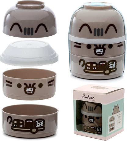 Puckator Pusheen The Cat Stacked Round Bento - Lunch Box for Adults and Kids with Compartments - Snack Box - Food Containers with Lids - Stackable Snack Pots for Kids - Meal Prep Container - Lunchbox