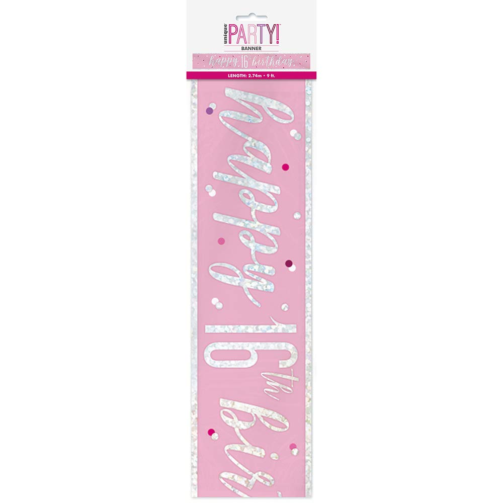 Unique Party Birthday Foil Banner-9' | Pink And Silver | 1 Pc. Cartel de Cumpleaños Número 16-2,74 m-Tema Glitz Rosa y Plata-1 Unidad (Paquete de 1), color, 16 años (83490
